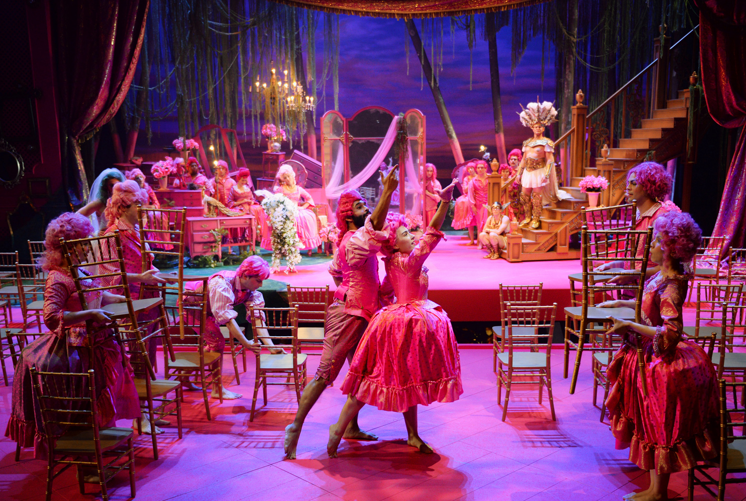 Siddharth Dutta and Anna Pinault (both center) as dancers in Platée; photo by Duane Tinkey