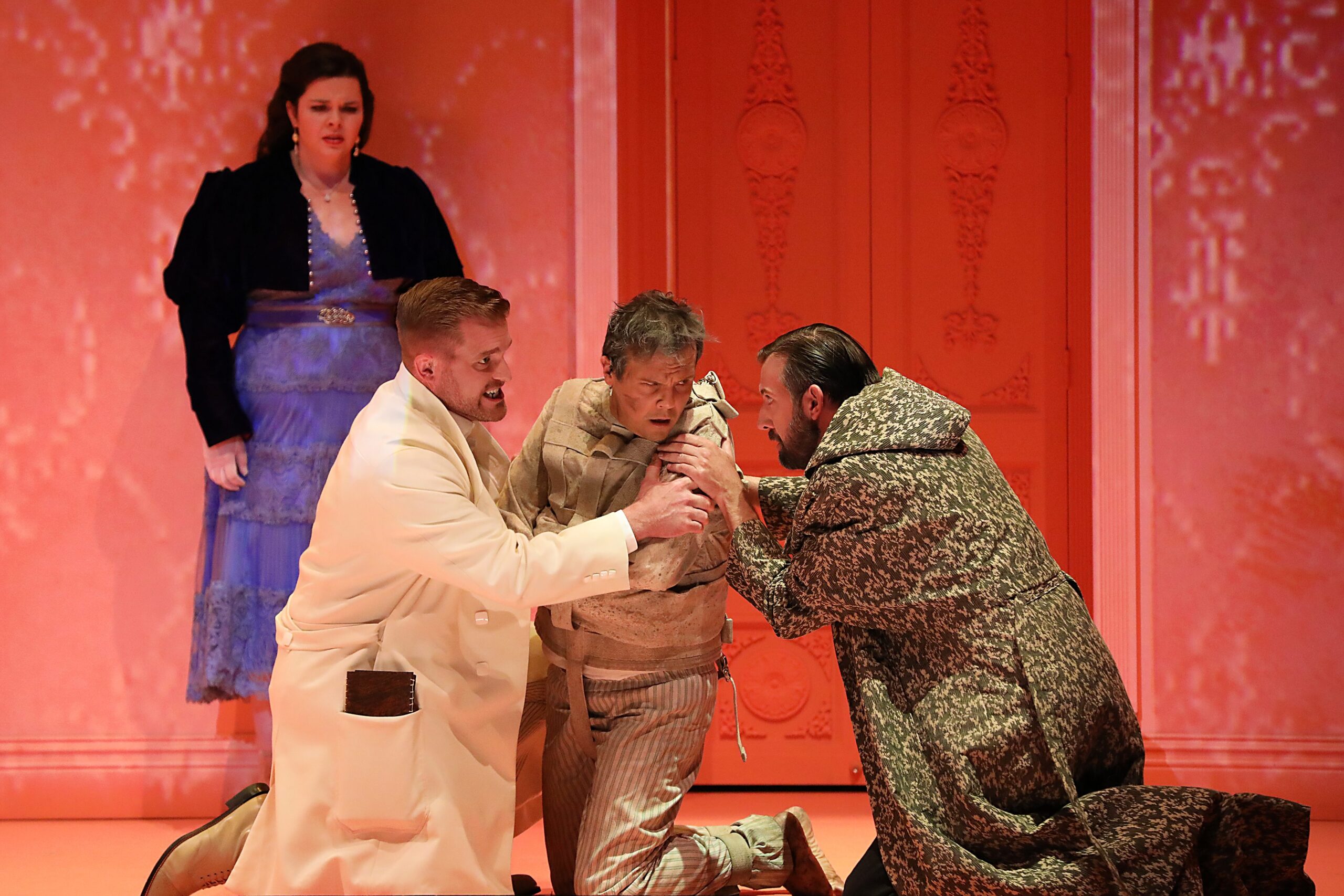 Kathryn Henry (Lucy Harker), Jarrett Ott (John Seward), David Portillo (Jonathan Harker), Matt Boehler (Van Helsing). Photo Credit: Curtis Brown for the Santa Fe Opera, 2021