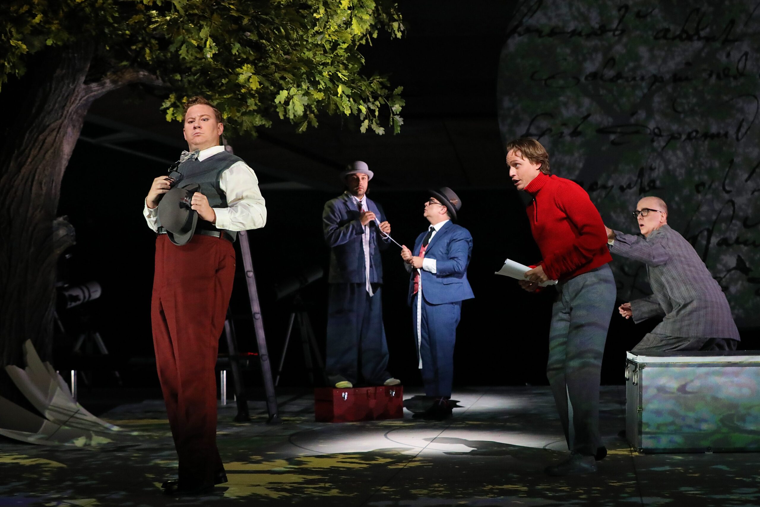 Nicholas Brownlee (Bottom), Matthew Grills (Snout), Patrick Carfizzi (Starveling), Brenton Ryan (Flute), Kevin Burdette (Quince). Photo by Curtis Brown for the Santa Fe Opera, 2021.