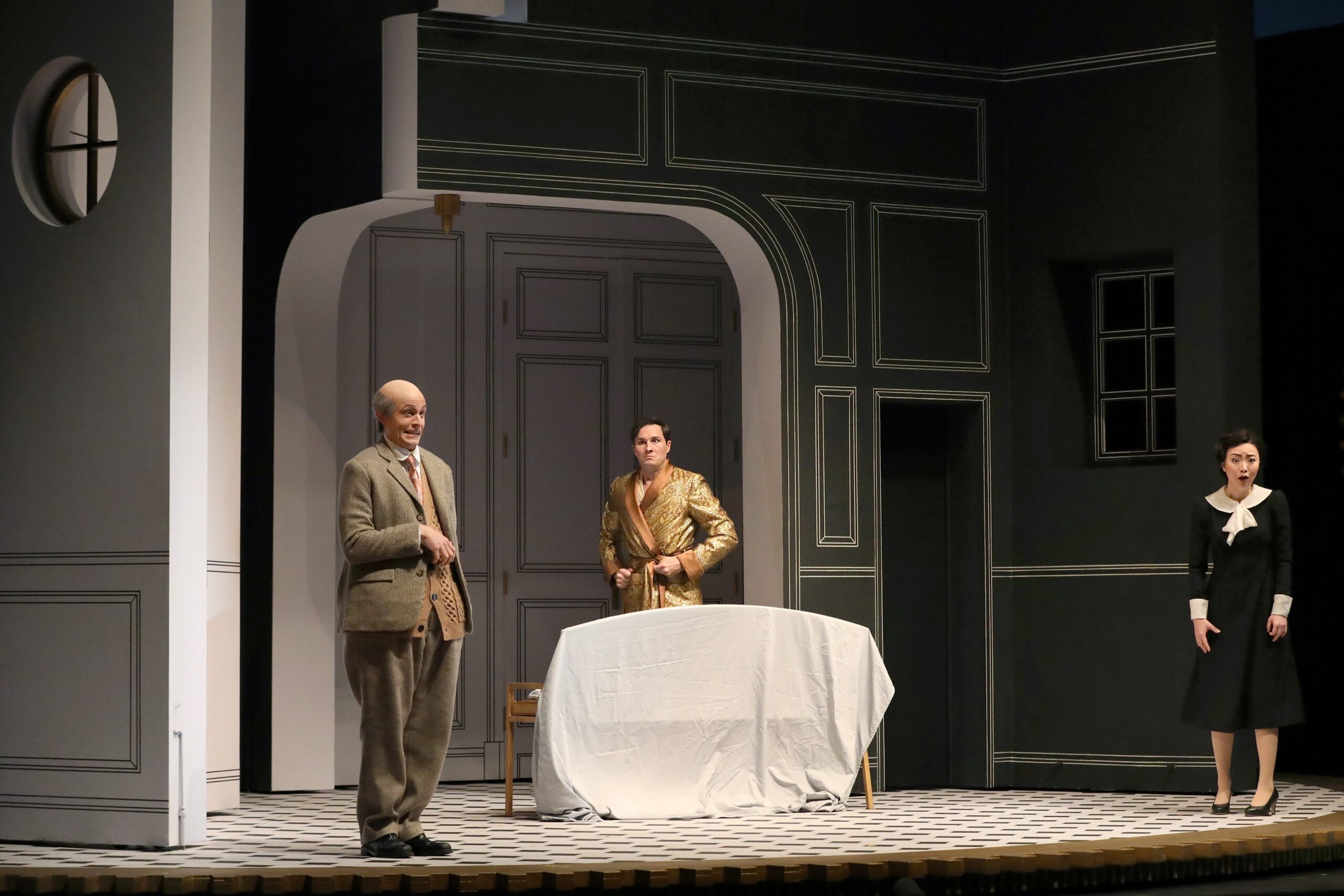 Brenton Ryan (Don Basilio), Samuel Dale Johnson (Count Almaviva), Ying Fang (Susanna). Photo Credit: Curtis Brown For The Santa Fe Opera, 2021