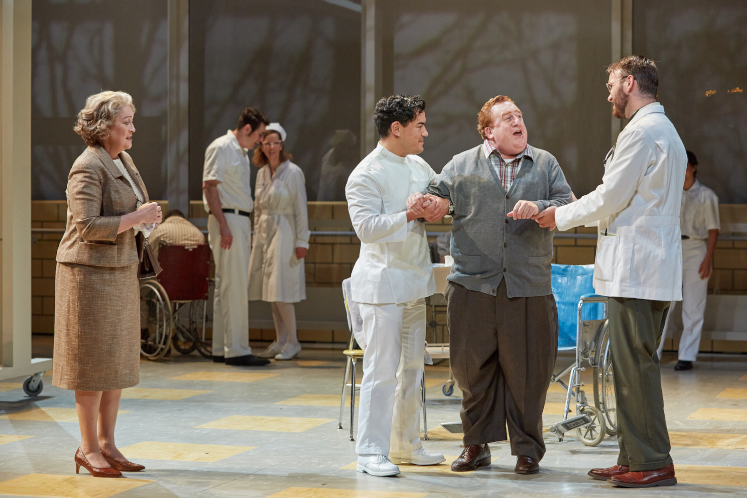 Iris Lev (Katharine Goeldner), Dr. Rodriguez (Andres Acosta), Leonard Lev (Marc Molomot), and Dr. Oliver Sacks (Jarrett Porter) in Tobias Picker's Awakenings. Photo © Eric Woolsey 2022