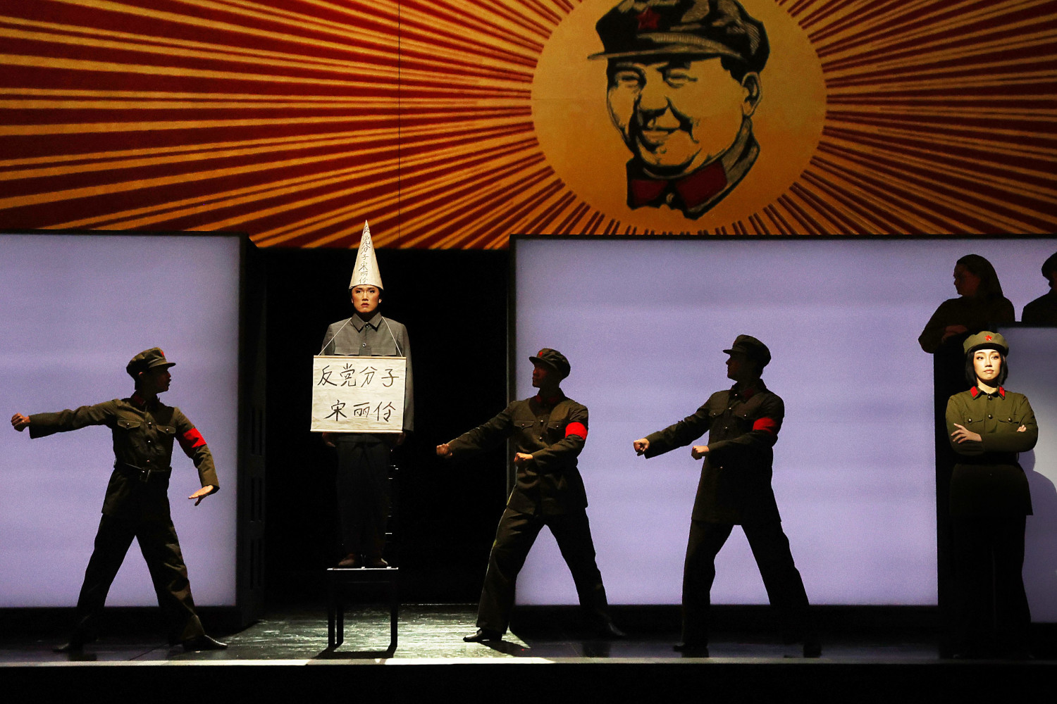 Left-Right; Ensemble, Kangmin Justin Kim (Song Liling), photo by Curtis Brown for the Santa Fe Opera