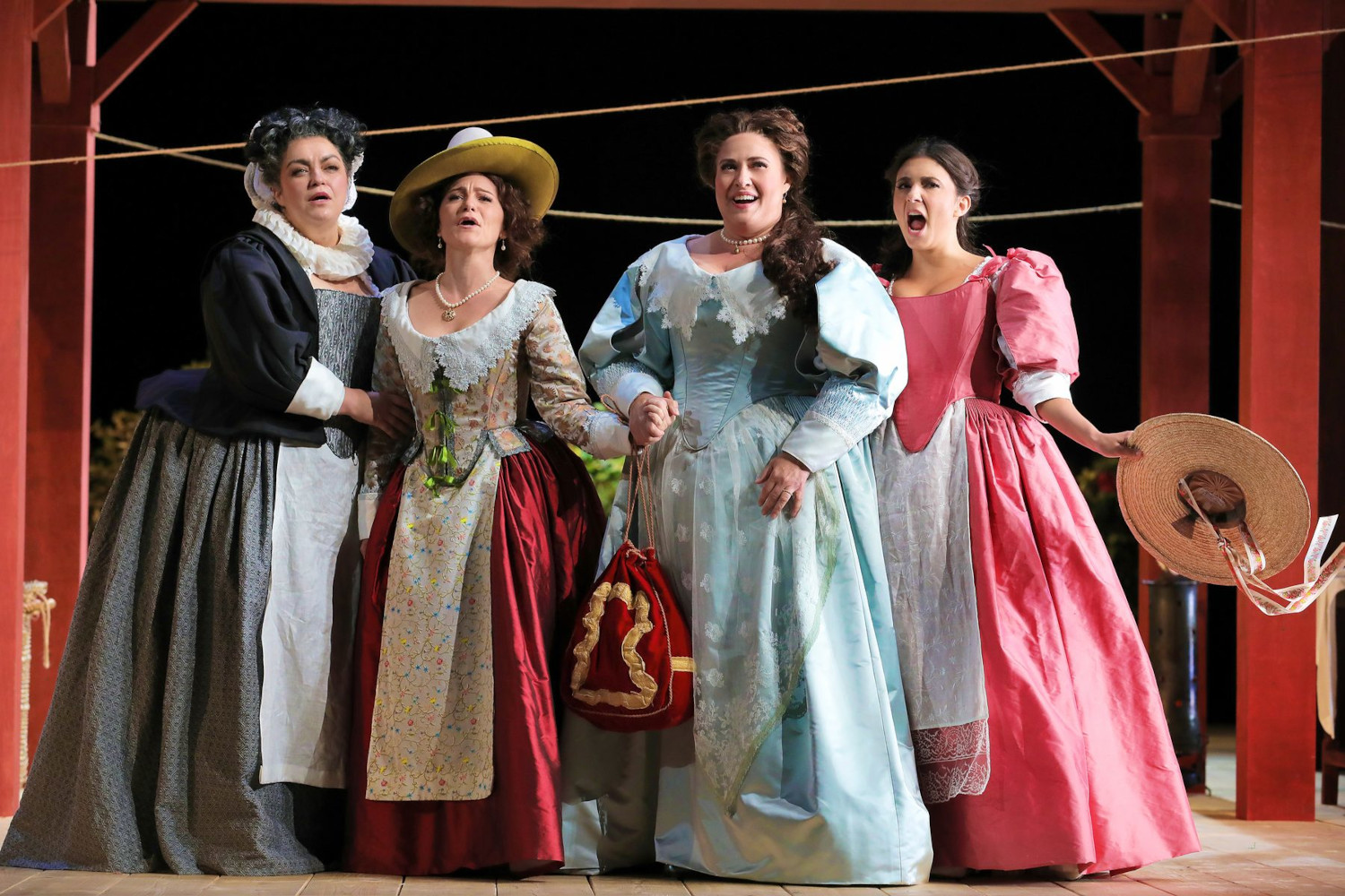 Left-Right; Ann McMahon Quintero (Dame Quickly), Megan Marino (Meg Page), Alexandra LoBianco (Alice Ford), Elena Villalón (Nannetta), photo by Curtis Brown for the Santa Fe Opera