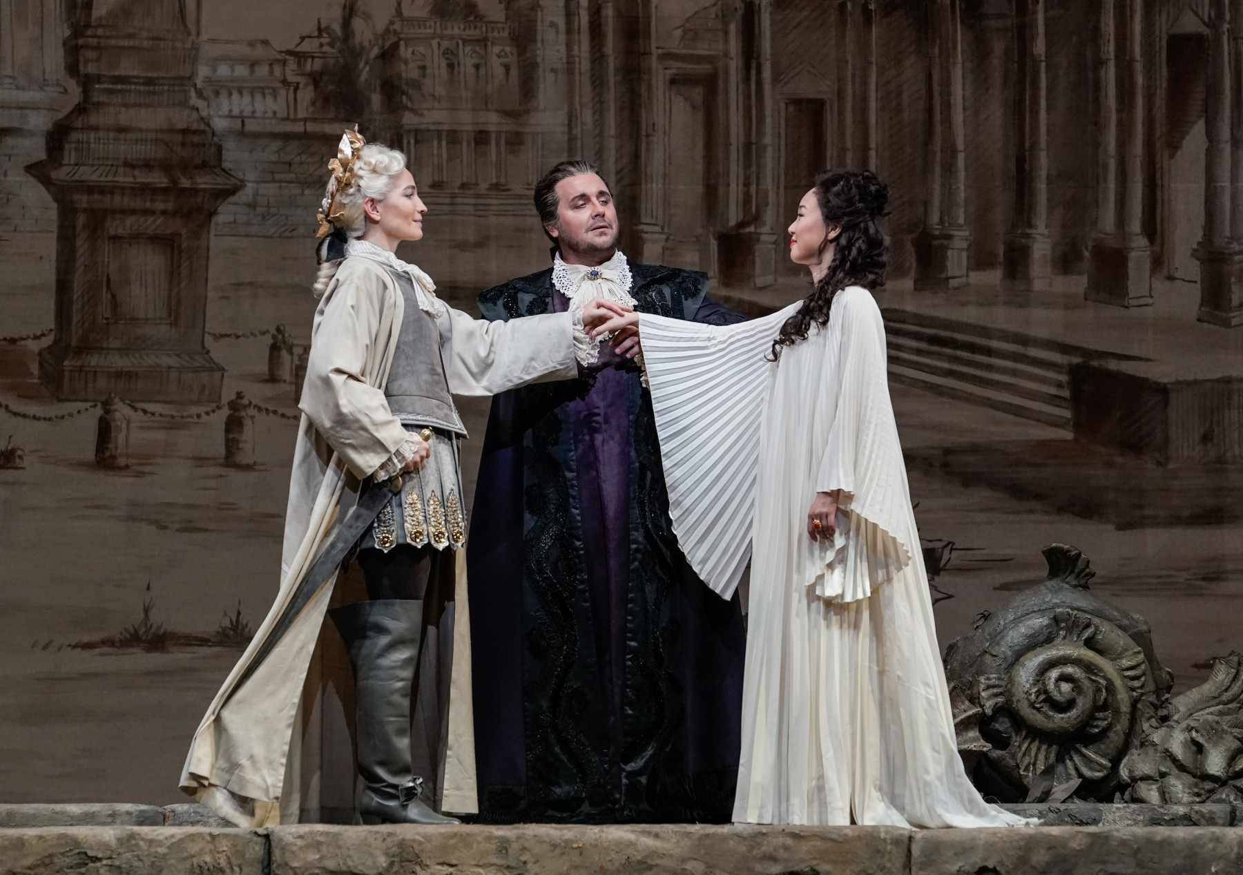 Kate Lindsey as Idamante, Michael Spyres as Idomeneo, and Ying Fang as Ilia