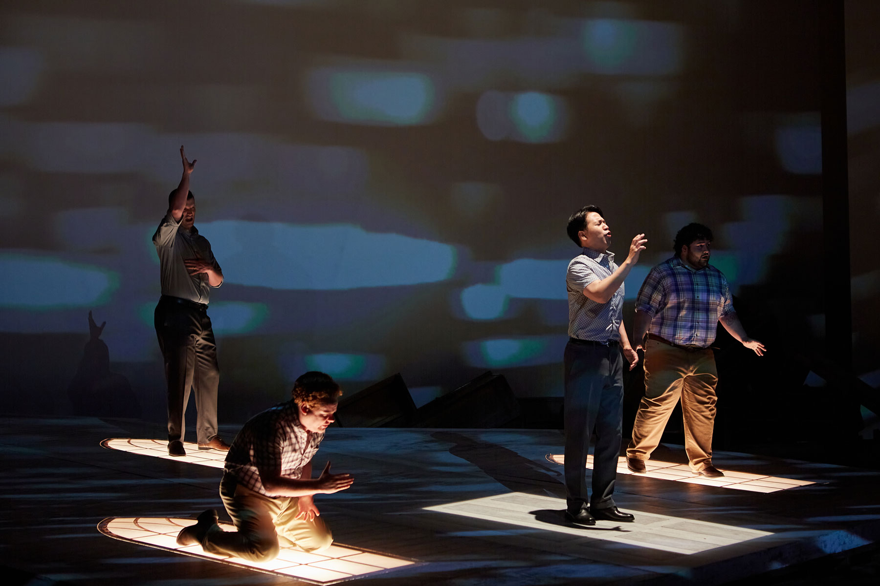 L to R: Elder McLean (Keith Klein), Elder Gleaton (River Guard), Elder Ott (Joseph Park), and Elder Hayes (César Andrés Parreño) in Carlisle Floyd's "Susannah." Photo © Eric Woolsey