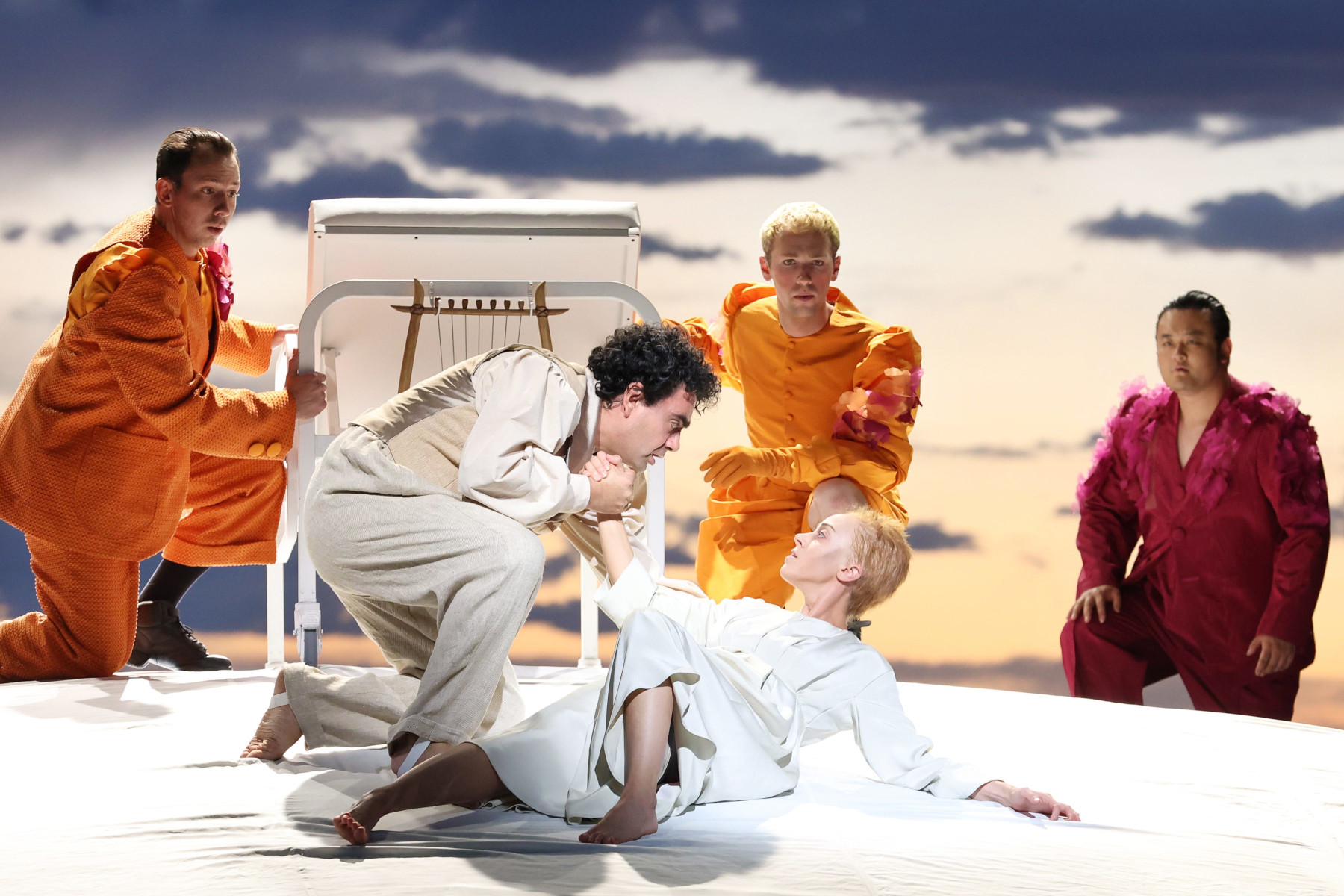 Back: Luke Harnish (Chorus/ Apollo), Luke Elmer (3rd Pastore), Le Bu (5th Pastore/ 2nd Spirit) Front: Rolando Villazón (Orfeo), Lauren Snouffer (La Musica/Speranza), photo by Curtis Brown for the Santa Fe Opera